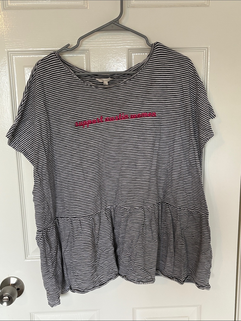 16. Terra & Sky Striped Peplum Tee with Pink “support austin women” 100% Cotton